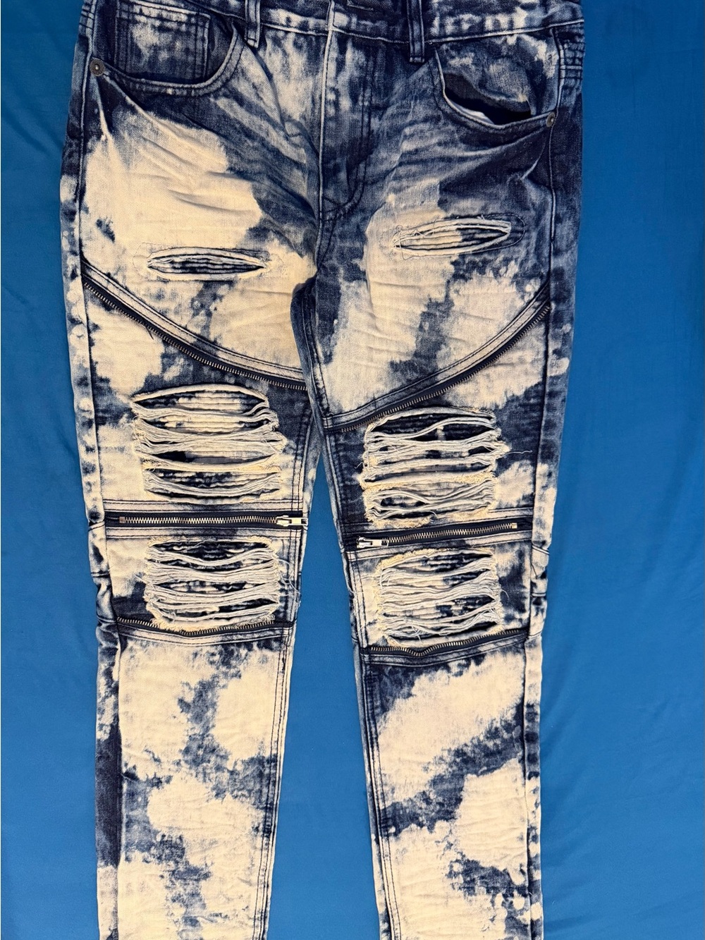 Men's Skinny Bleached Distressed Jeans - White & Navy